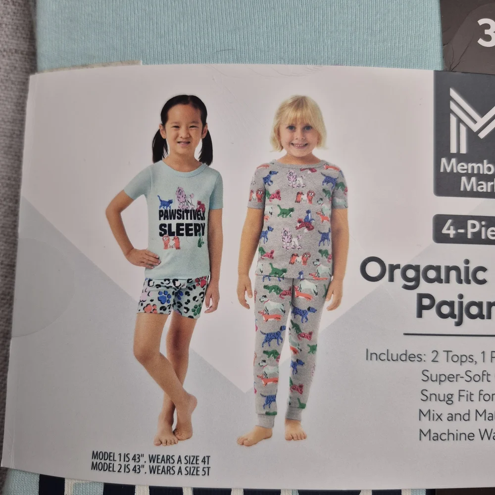 NWT Member's Mark 3T Organic Cotton Pajamas 4-Piece Set Pawsitively Sleepy